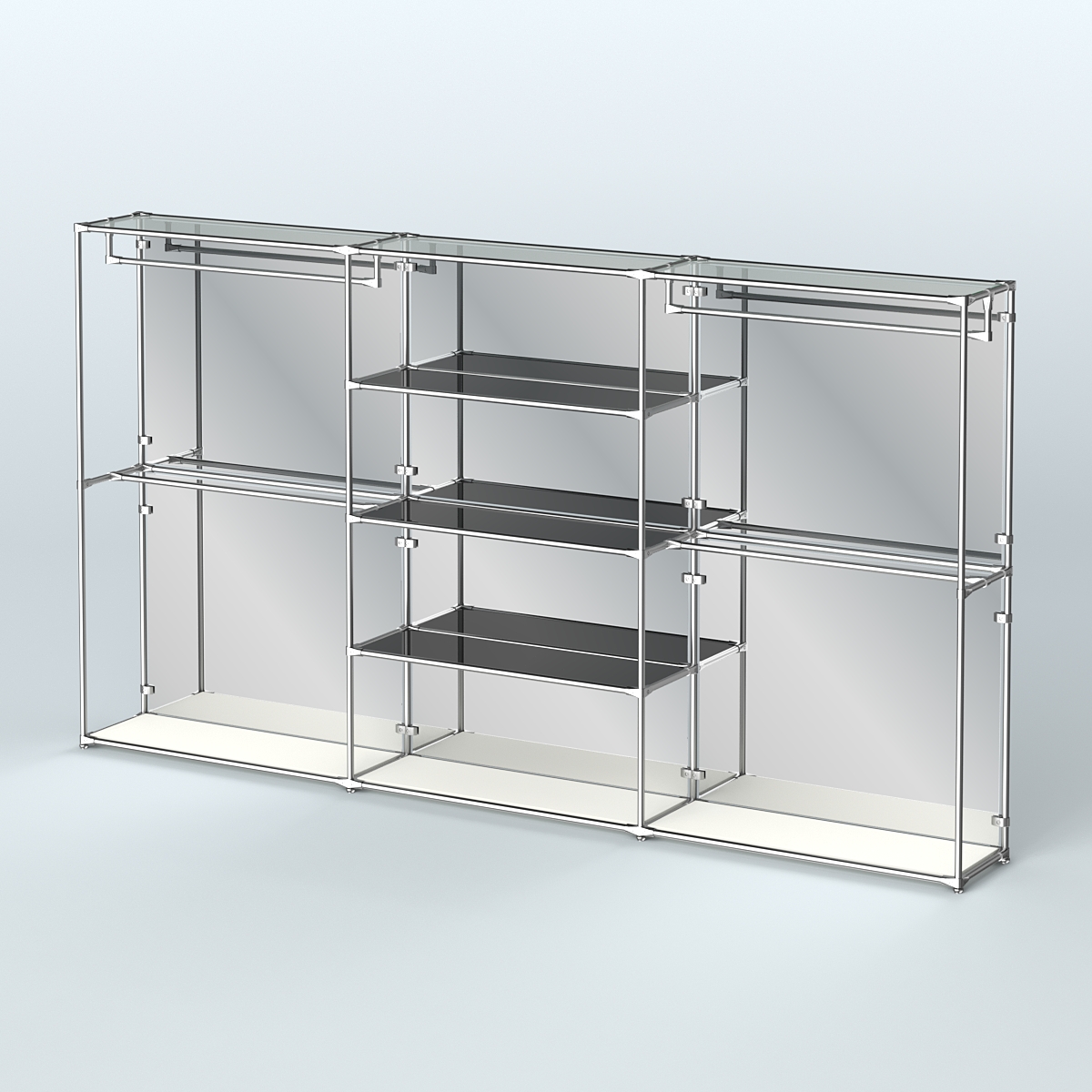 Торговая система ХРОМ (задняя стенка - зеркало) 3600 мм с тонированными полками и поручнями №2 Белый