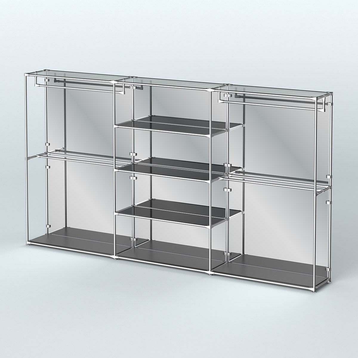 Торговая система ХРОМ (задняя стенка - зеркало) 3600 мм с тонированными полками и поручнями №2 Черный