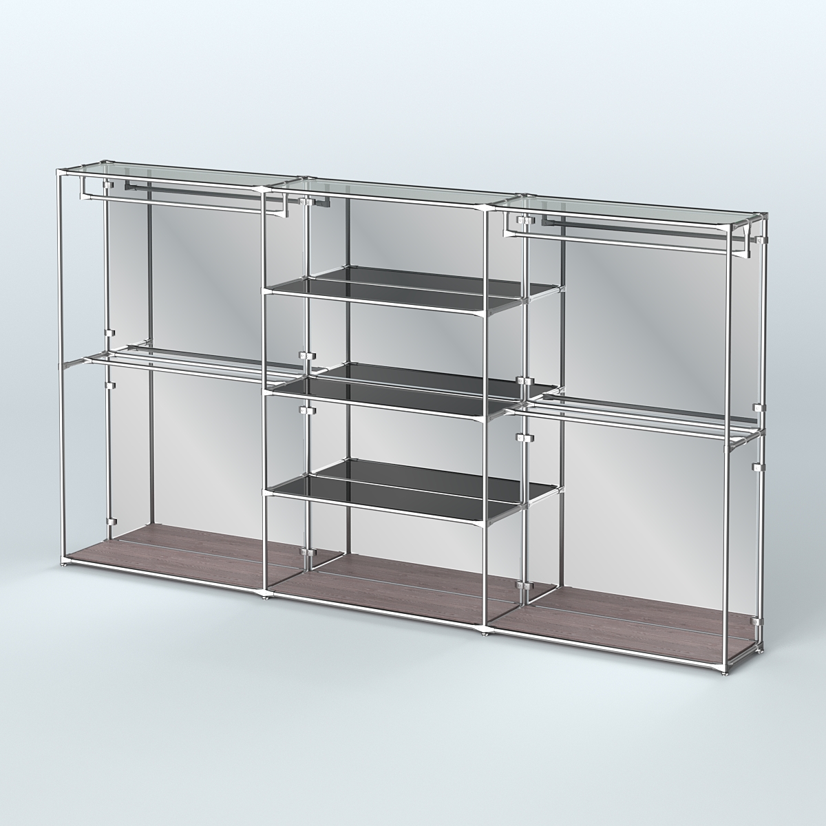 Торговая система ХРОМ (задняя стенка - зеркало) 3600 мм с тонированными полками и поручнями №2 Ясень Анкор темный