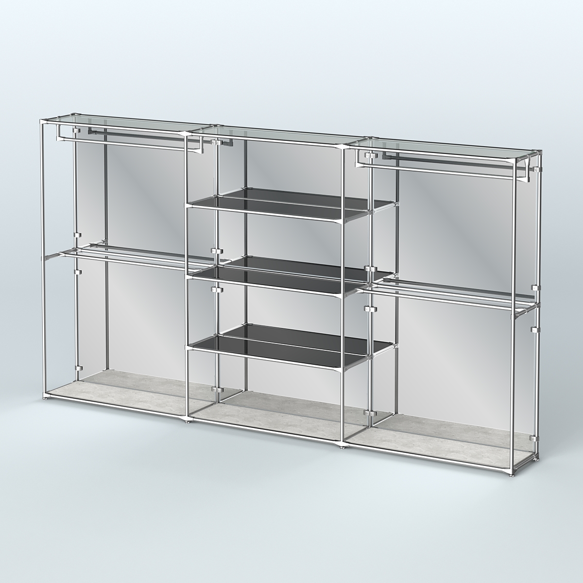 Торговая система ХРОМ (задняя стенка - зеркало) 3600 мм с тонированными полками и поручнями №2 Метрополитан Грей