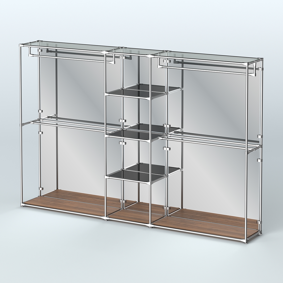 Торговая система ХРОМ (задняя стенка - зеркало) 3030 мм с тонированными полками и поручнями №4 Орех