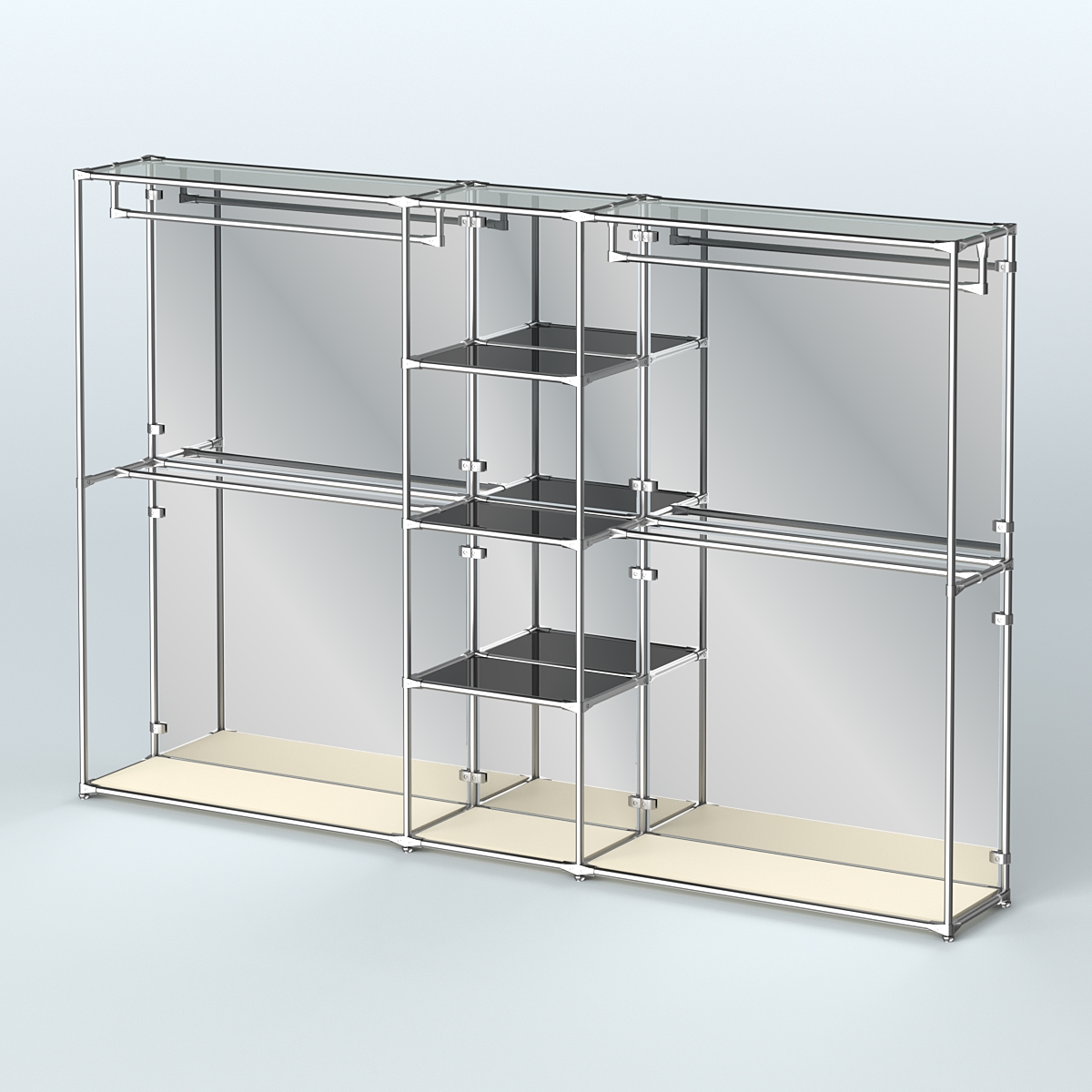 Торговая система ХРОМ (задняя стенка - зеркало) 3030 мм с тонированными полками и поручнями №4 Крем Вайс