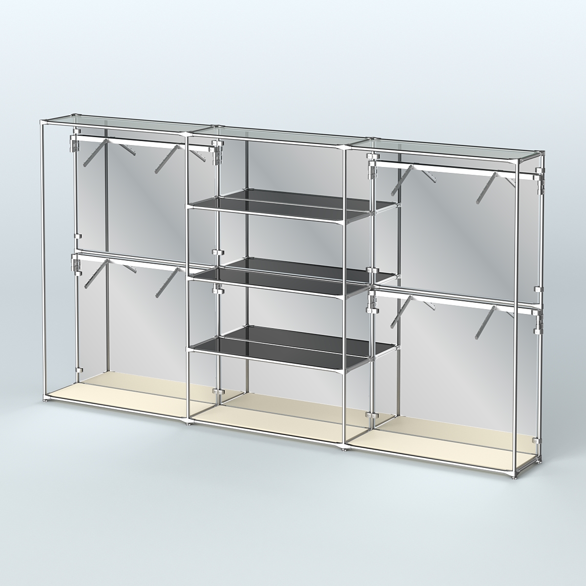 Торговая система ХРОМ (задняя стенка - зеркало) 3600 мм с тонированными полками и поручнями №5 Крем Вайс