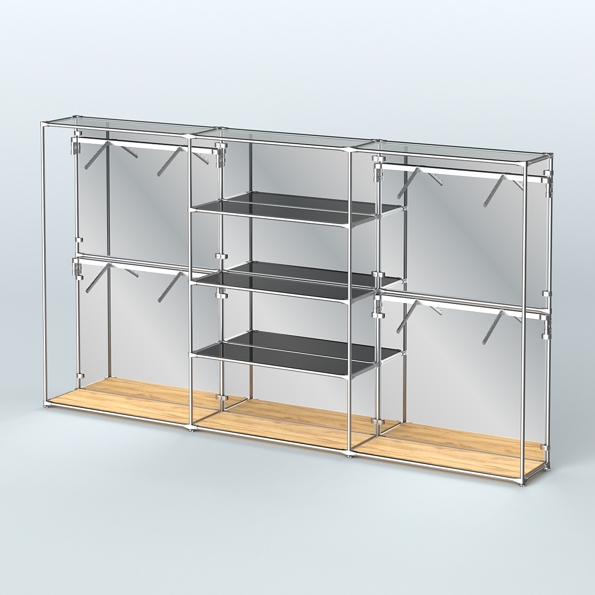 Торговая система ХРОМ (задняя стенка - зеркало) 3600 мм с тонированными полками и поручнями №5 Дуб Золотистый