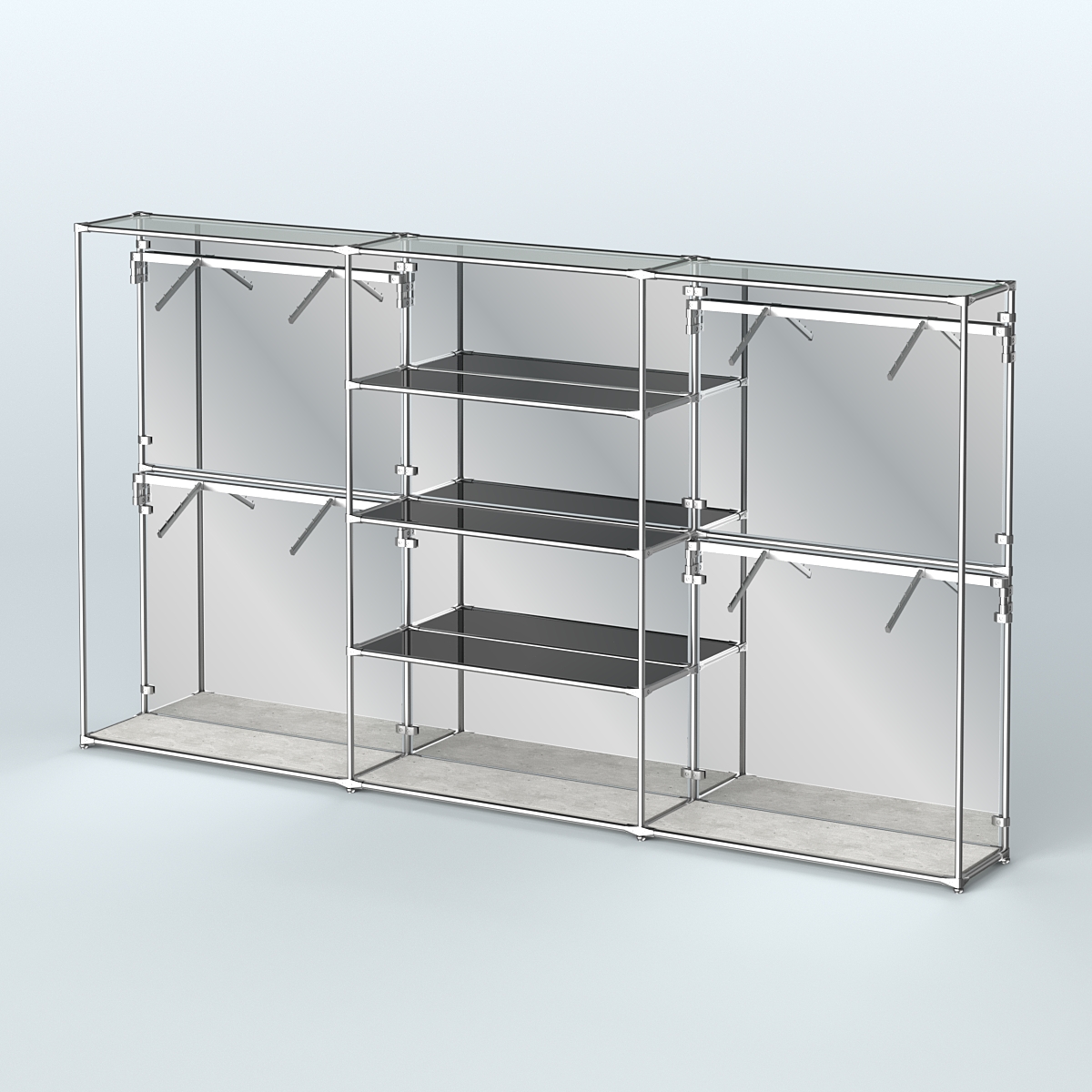 Торговая система ХРОМ (задняя стенка - зеркало) 3600 мм с тонированными полками и поручнями №5 Метрополитан Грей