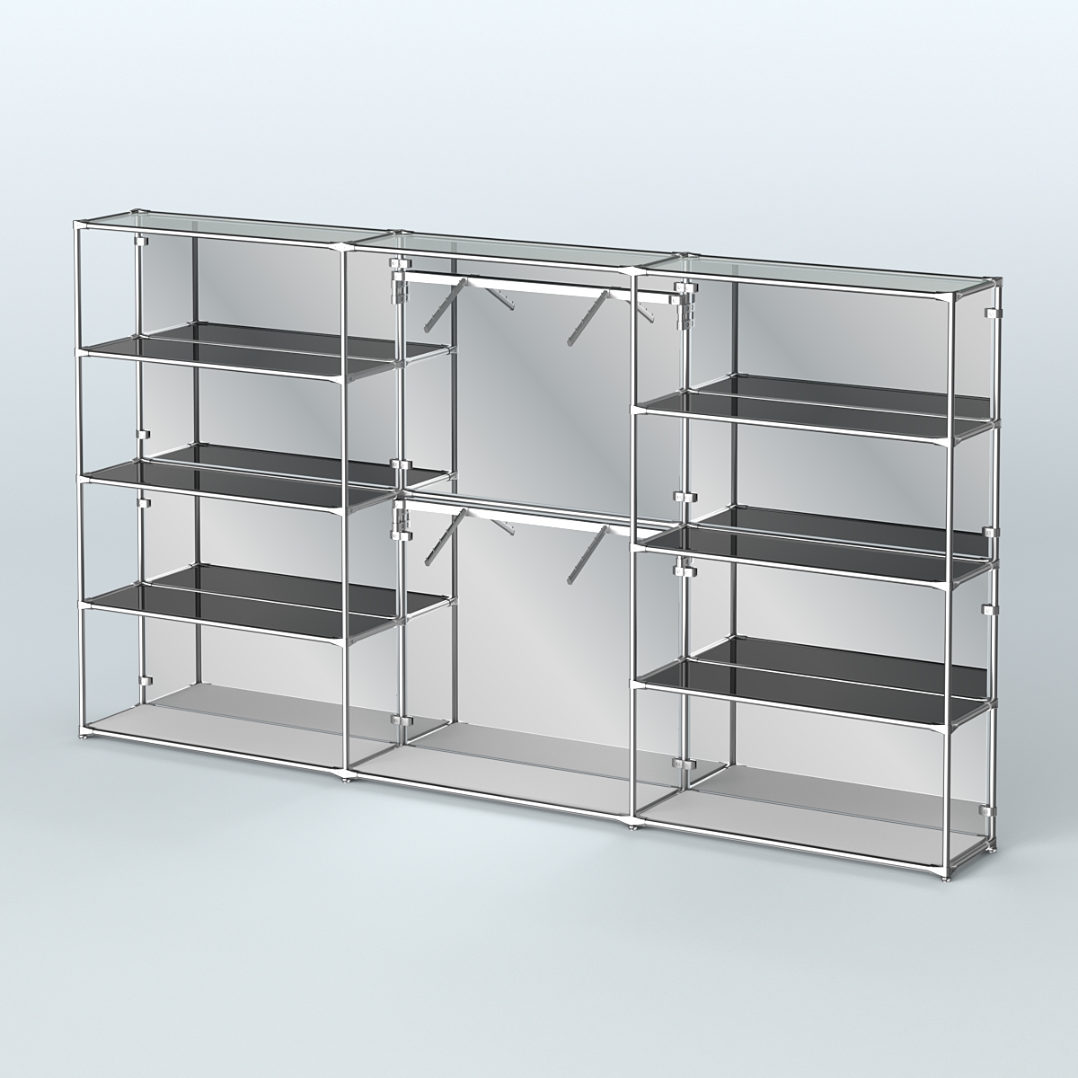 Торговая система ХРОМ (задняя стенка - зеркало) 3600 мм с тонированными полками и поручнями №6 Серый