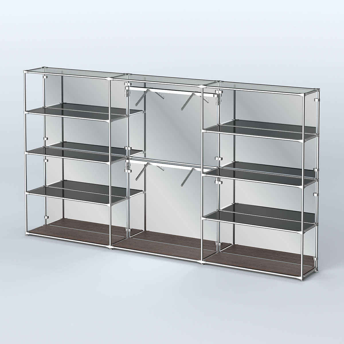 Торговая система ХРОМ (задняя стенка - зеркало) 3600 мм с тонированными полками и поручнями №6 Дуб Венге