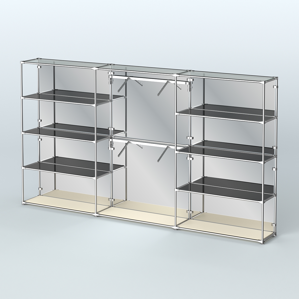 Торговая система ХРОМ (задняя стенка - зеркало) 3600 мм с тонированными полками и поручнями №6 Крем Вайс