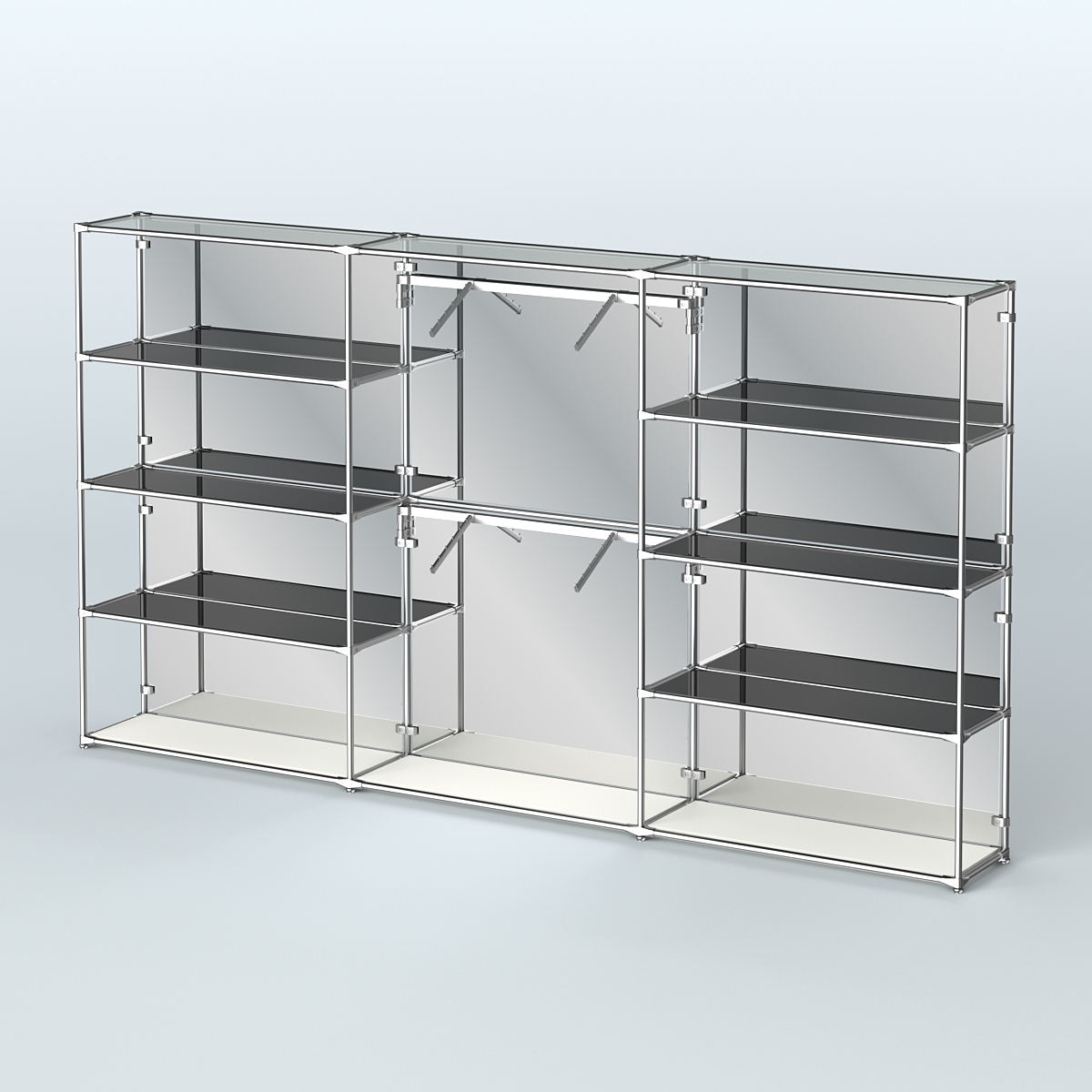 Торговая система ХРОМ (задняя стенка - зеркало) 3600 мм с тонированными полками и поручнями №6 Белый