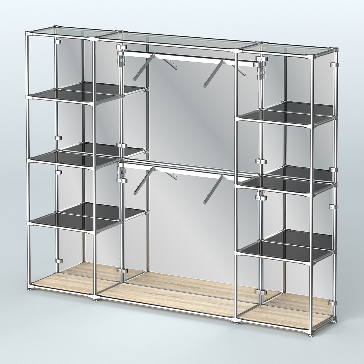 Торговая система ХРОМ (задняя стенка - зеркало) 2430 мм с тонированными полками и поручнями №7 Дуб Сонома
