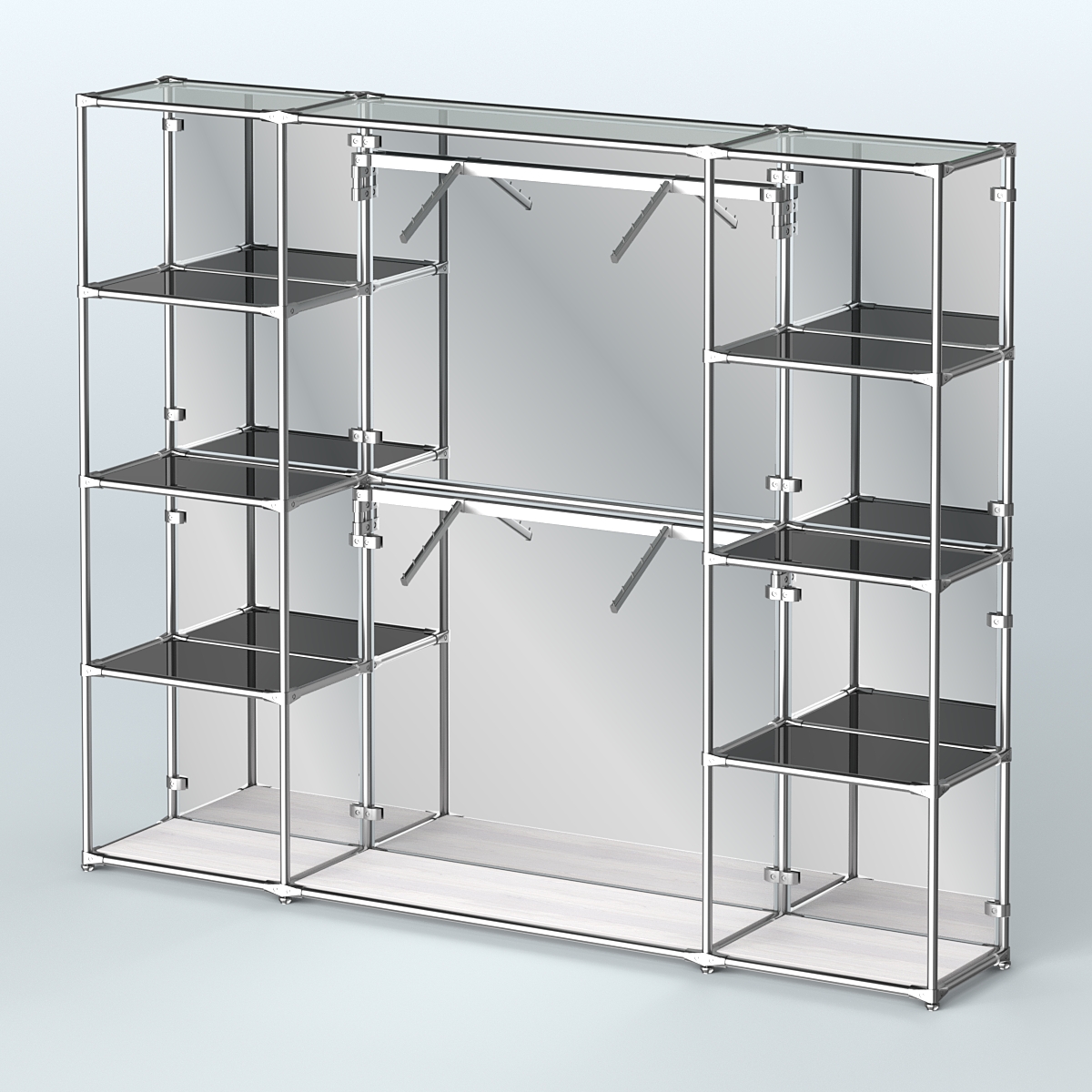 Торговая система ХРОМ (задняя стенка - зеркало) 2430 мм с тонированными полками и поручнями №7 Ясень Анкор светлый