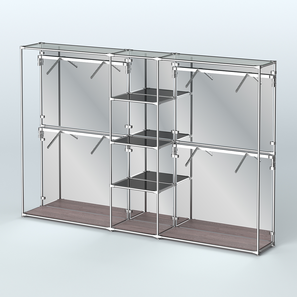 Торговая система ХРОМ (задняя стенка - зеркало) 3030 мм с тонированными полками и поручнями №8 Ясень Анкор темный