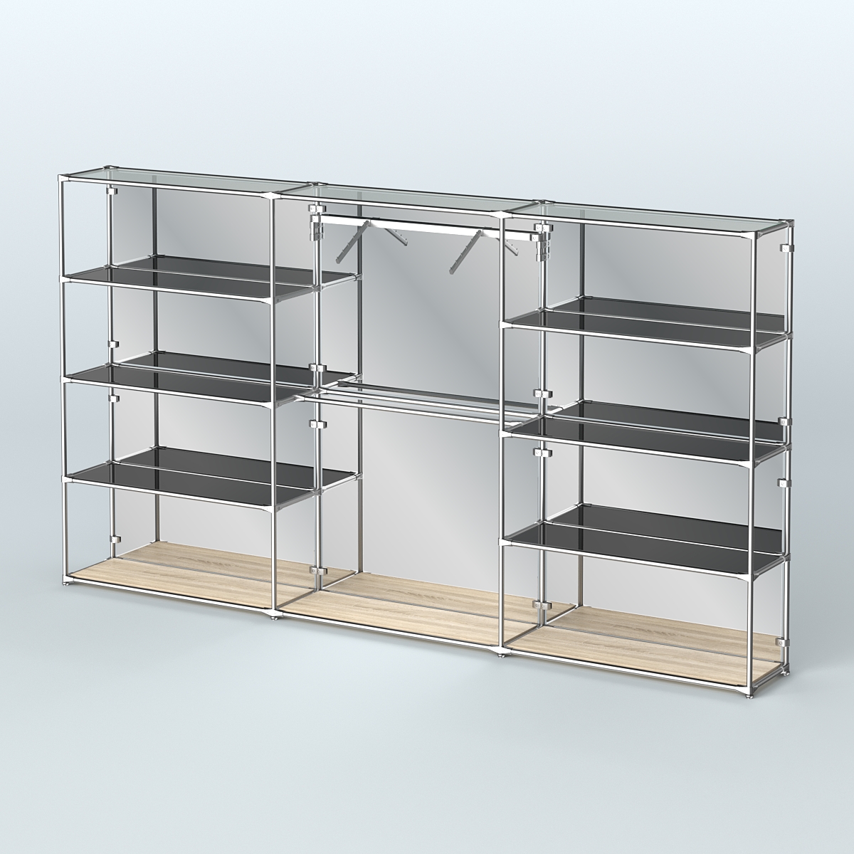 Торговая система ХРОМ (задняя стенка - зеркало) 3600 мм с тонированными полками и поручнями №9 Дуб Сонома