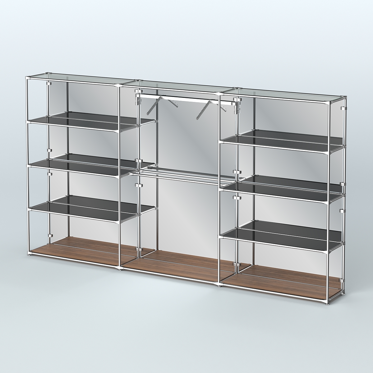 Торговая система ХРОМ (задняя стенка - зеркало) 3600 мм с тонированными полками и поручнями №9 Орех