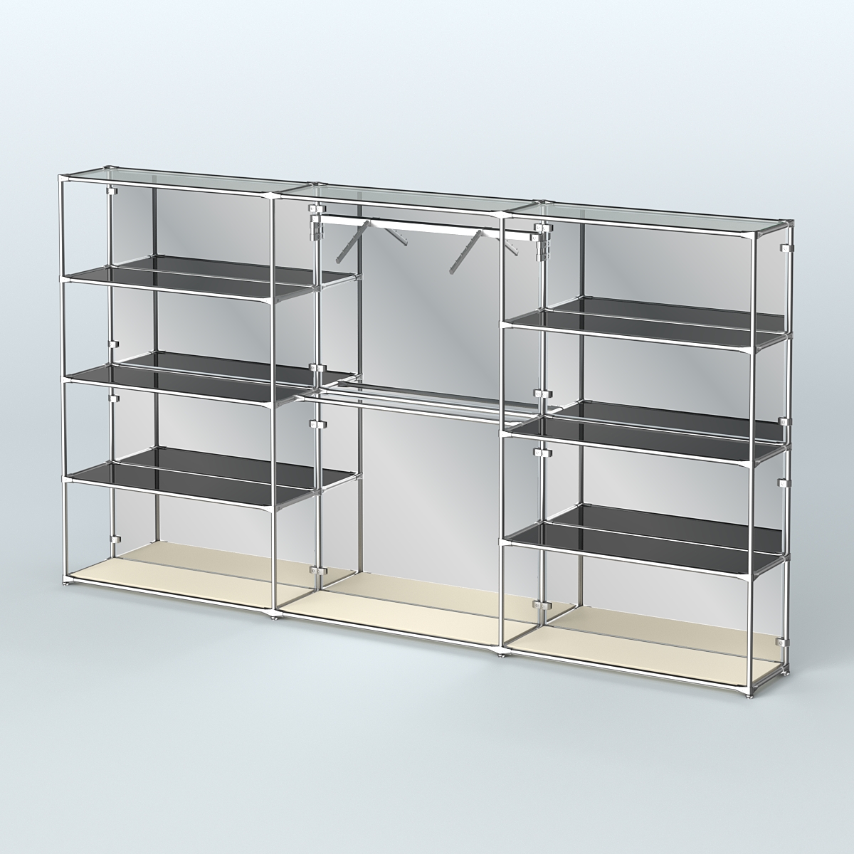 Торговая система ХРОМ (задняя стенка - зеркало) 3600 мм с тонированными полками и поручнями №9 Крем Вайс