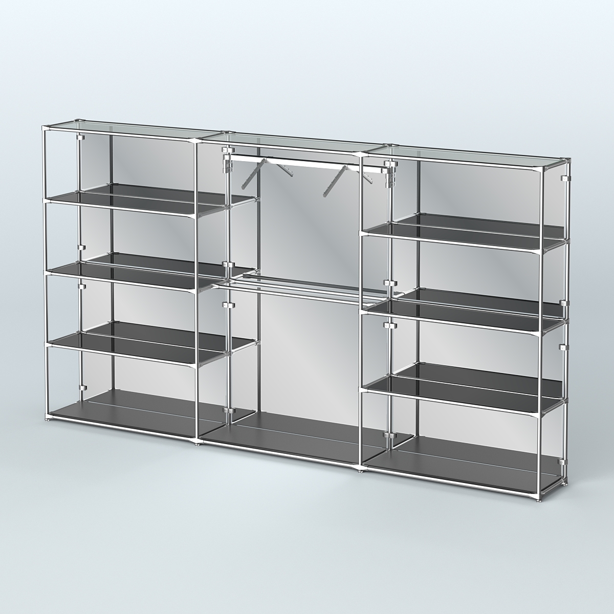 Торговая система ХРОМ (задняя стенка - зеркало) 3600 мм с тонированными полками и поручнями №9 Черный