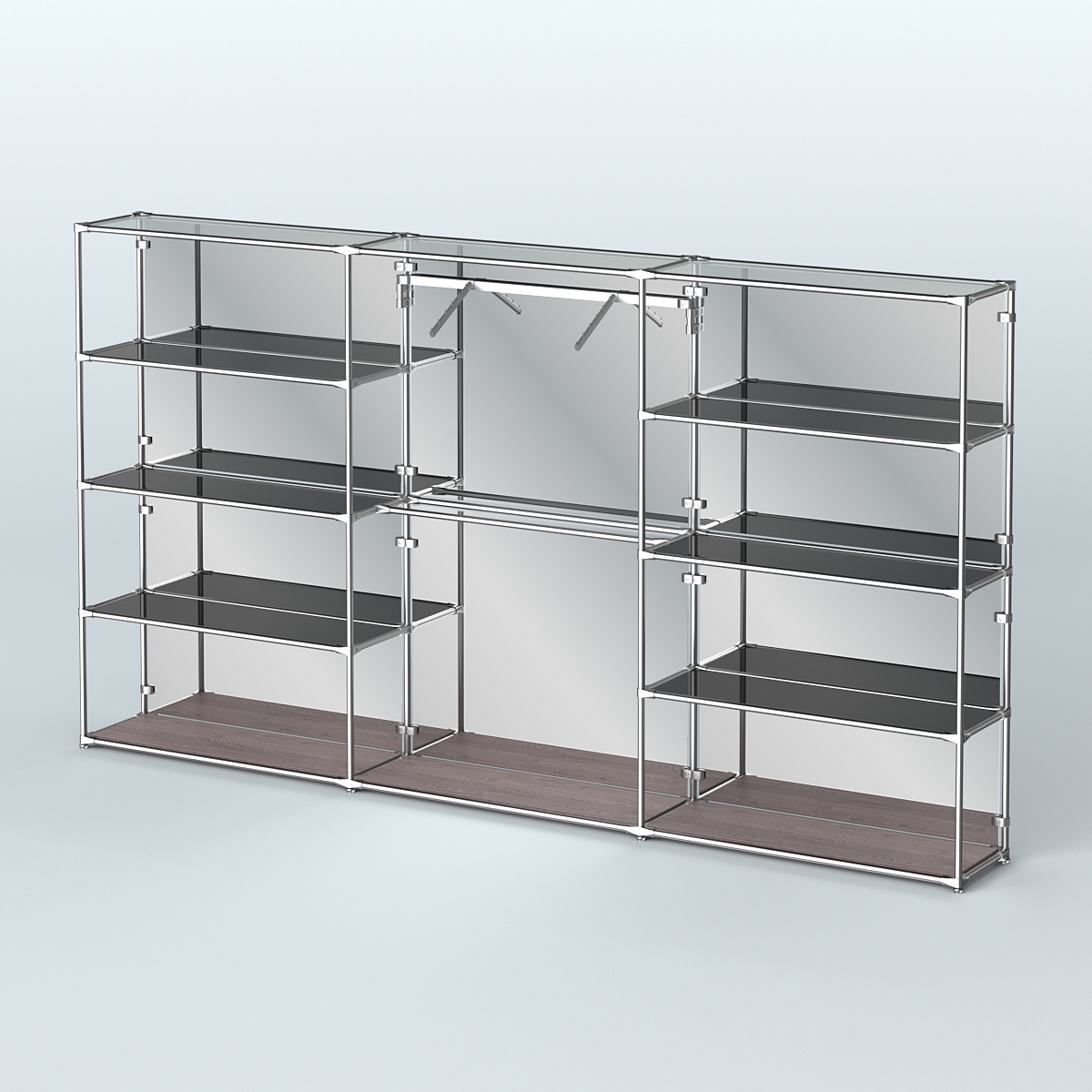 Торговая система ХРОМ (задняя стенка - зеркало) 3600 мм с тонированными полками и поручнями №9 Ясень Анкор темный