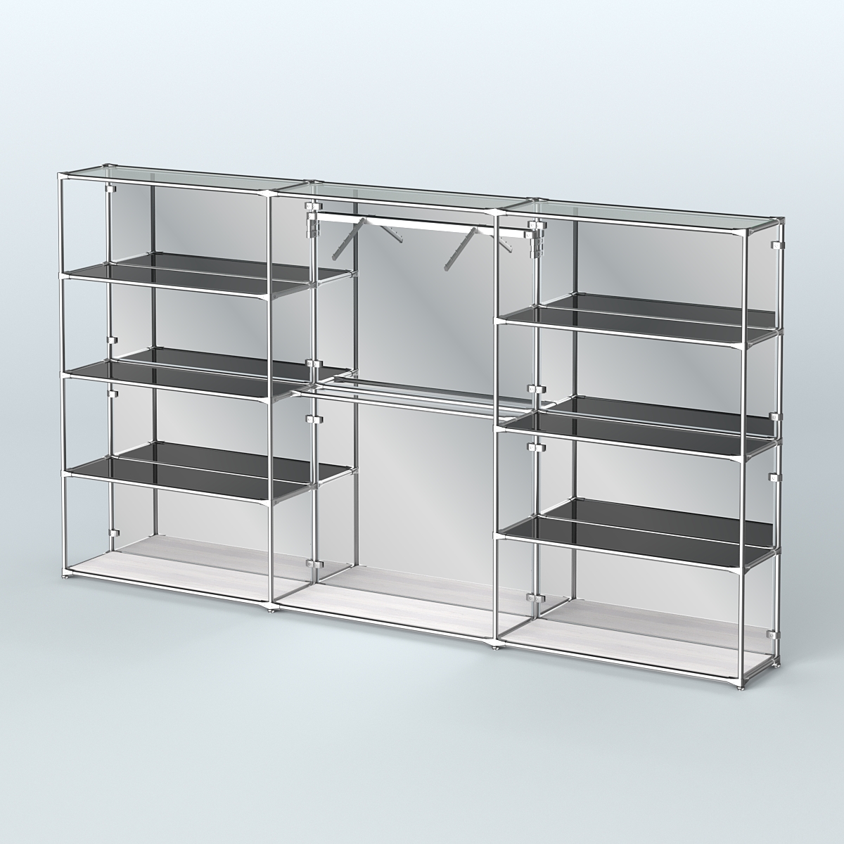 Торговая система ХРОМ (задняя стенка - зеркало) 3600 мм с тонированными полками и поручнями №9 Ясень Анкор светлый