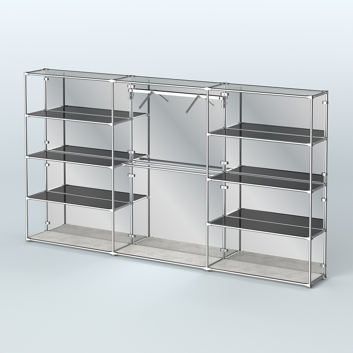 Торговая система ХРОМ (задняя стенка - зеркало) 3600 мм с тонированными полками и поручнями №9 Метрополитан Грей