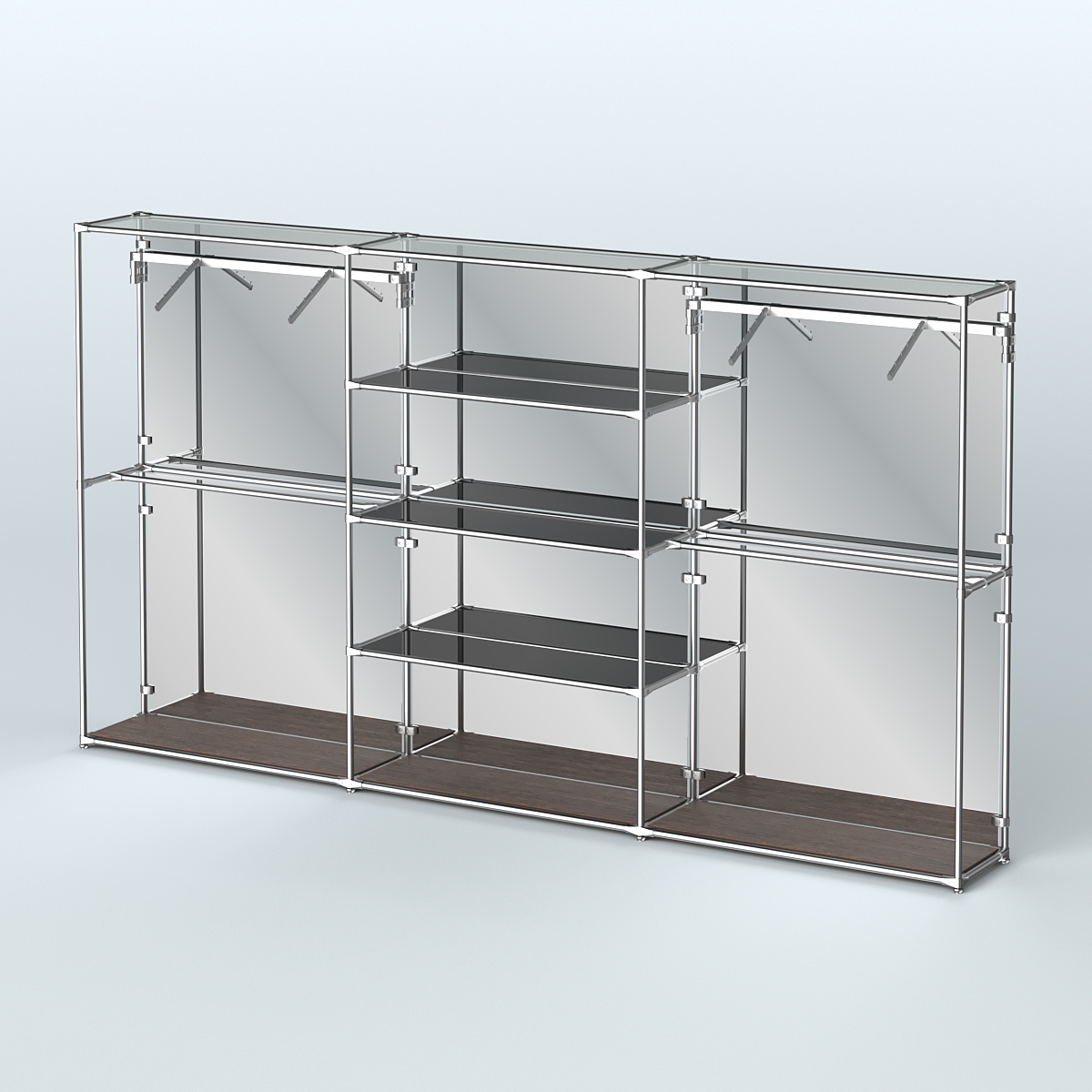 Торговая система ХРОМ (задняя стенка - зеркало) 3600 мм с тонированными полками и поручнями №10 Дуб Венге