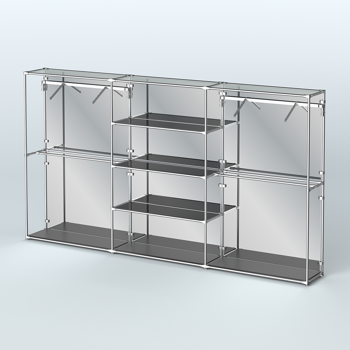 Торговая система ХРОМ (задняя стенка - зеркало) 3600 мм с тонированными полками и поручнями №10 Черный