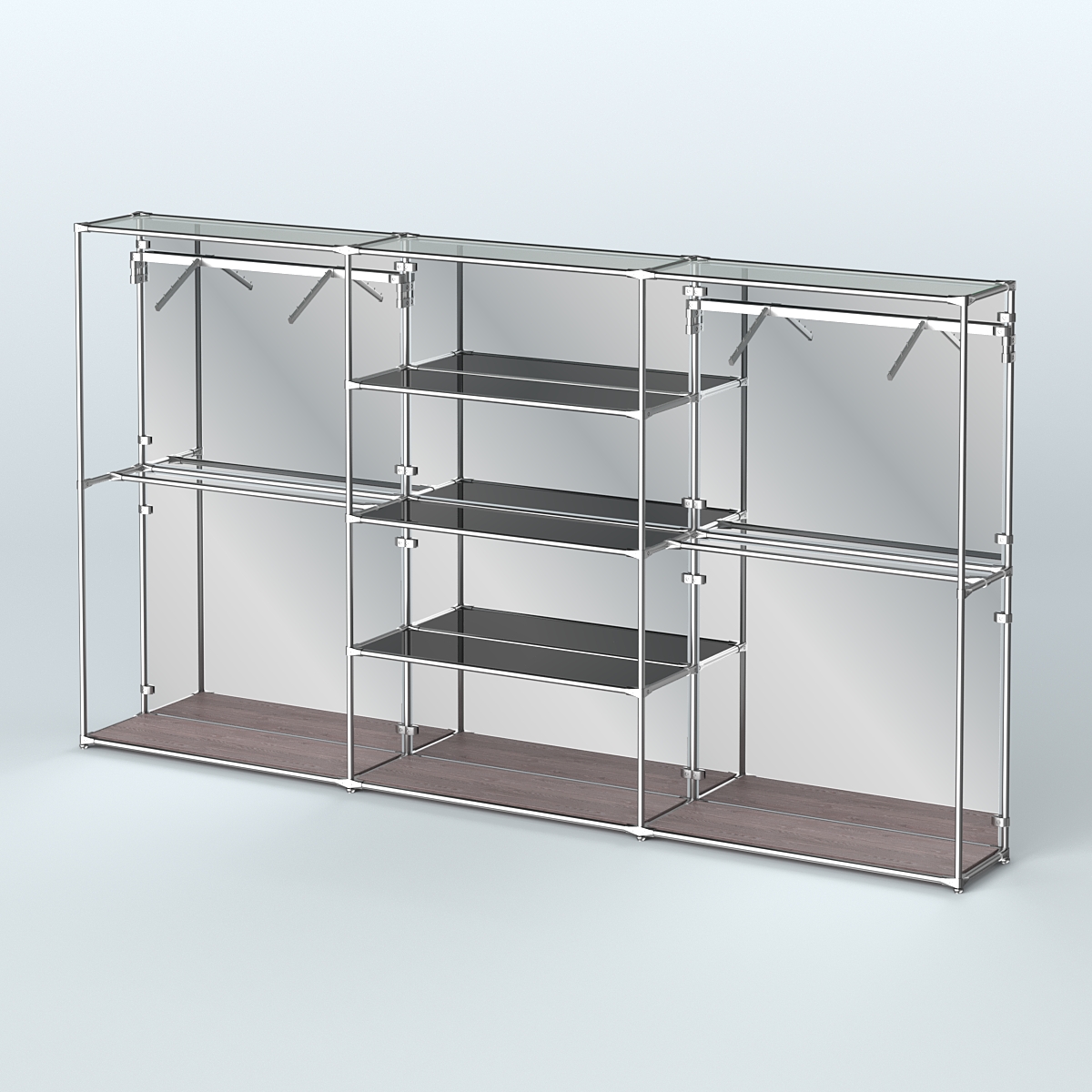 Торговая система ХРОМ (задняя стенка - зеркало) 3600 мм с тонированными полками и поручнями №10 Ясень Анкор темный