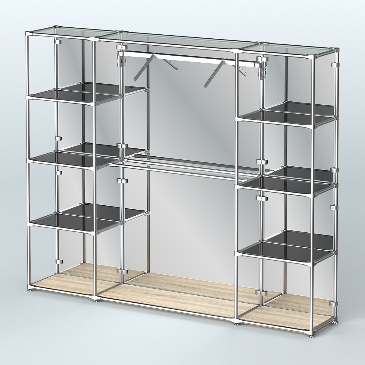 Торговая система ХРОМ (задняя стенка - зеркало) 2430 мм с тонированными полками и поручнями №11 Дуб Сонома