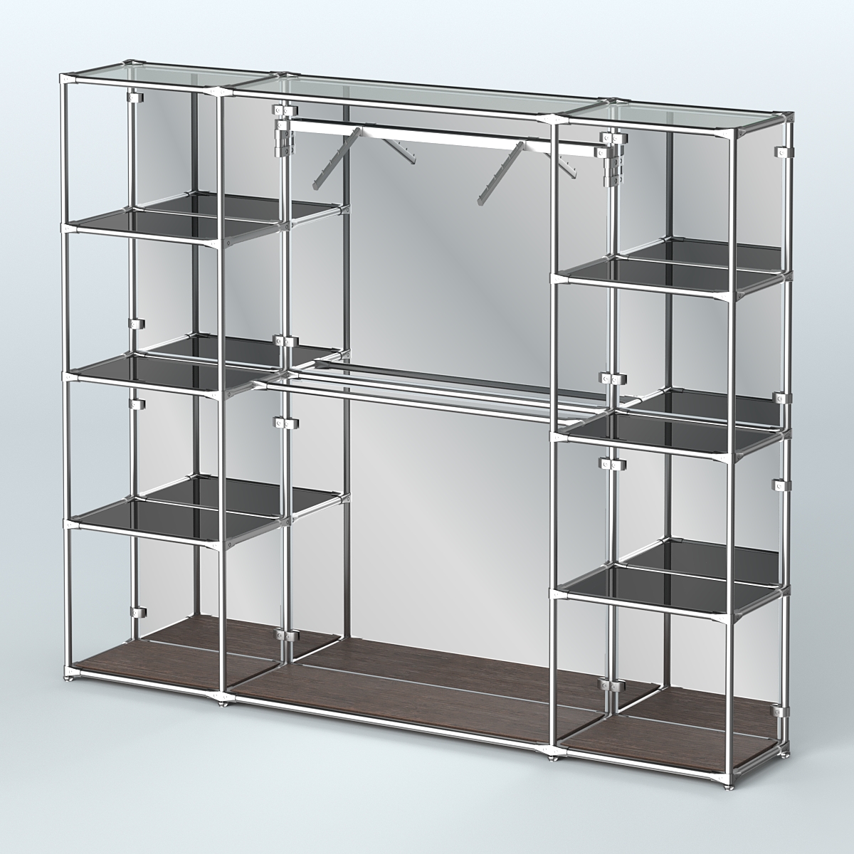 Торговая система ХРОМ (задняя стенка - зеркало) 2430 мм с тонированными полками и поручнями №11 Дуб Венге