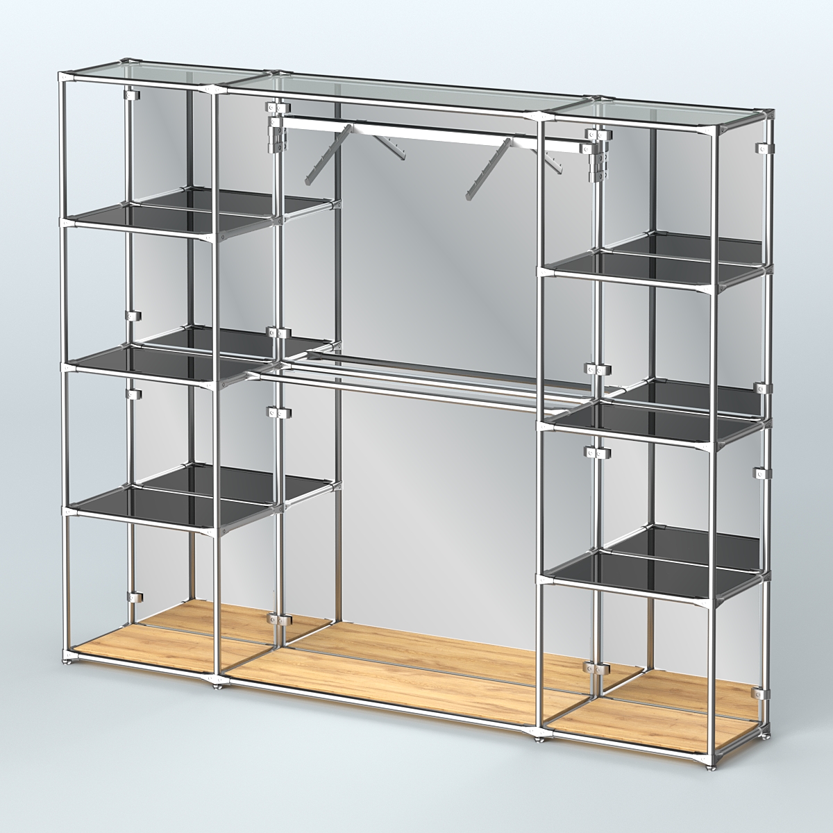 Торговая система ХРОМ (задняя стенка - зеркало) 2430 мм с тонированными полками и поручнями №11 Дуб Золотистый