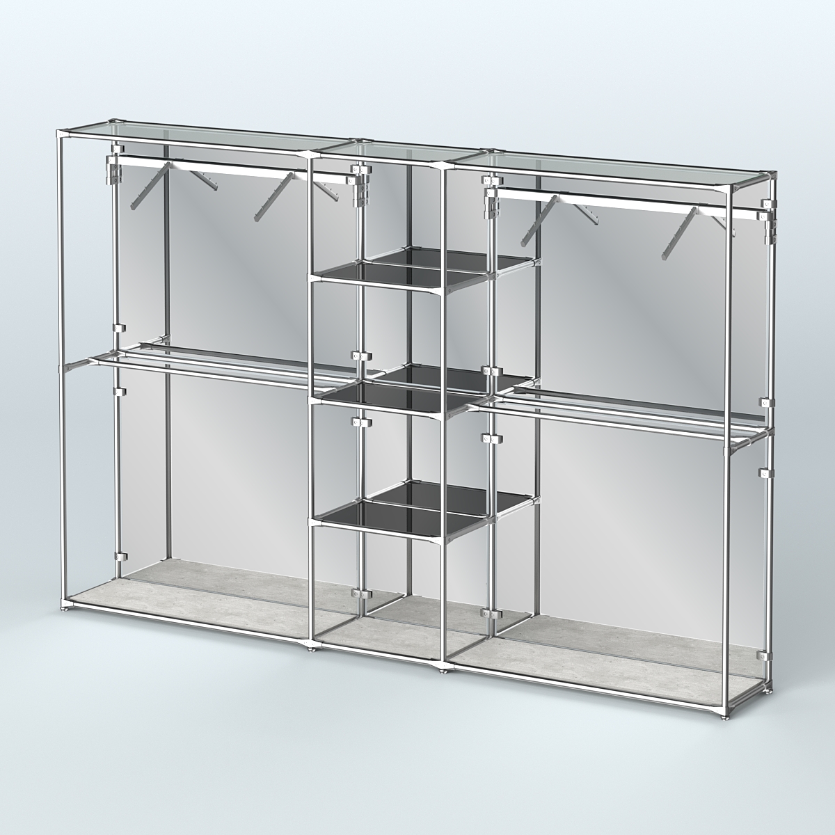 Торговая система ХРОМ (задняя стенка - зеркало) 3030 мм с тонированными полками и поручнями №12 Метрополитан Грей