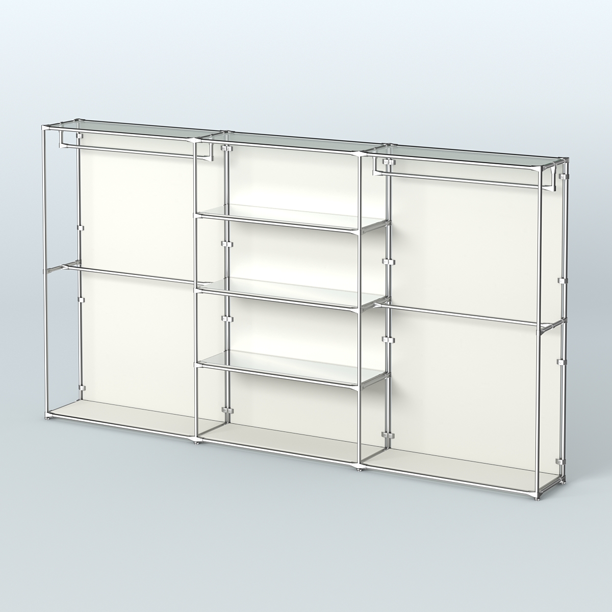 Торговая система ХРОМ (задняя стенка - ДСП) 3600 мм с зеркальными полками и поручнями №2 Белый