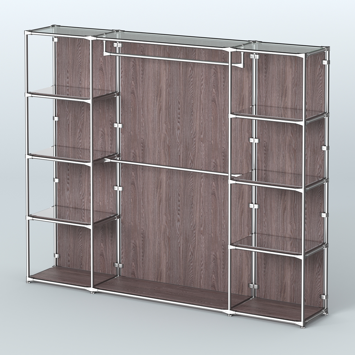 Торговая система ХРОМ (задняя стенка - ДСП) 3600 мм с зеркальными полками и поручнями №3 Ясень Анкор темный