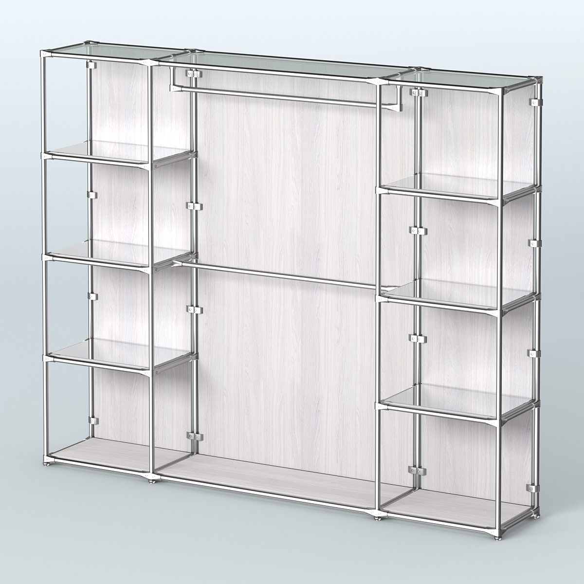 Торговая система ХРОМ (задняя стенка - ДСП) 3600 мм с зеркальными полками и поручнями №3 Ясень Анкор светлый