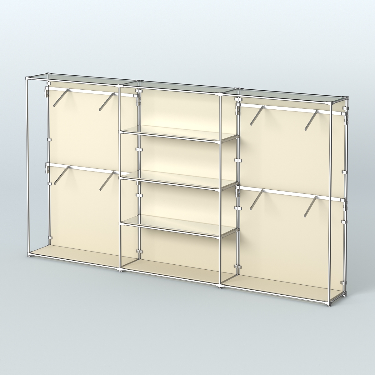 Торговая система ХРОМ (задняя стенка - ДСП) 3600 мм с зеркальными полками и поручнями №5 Крем Вайс