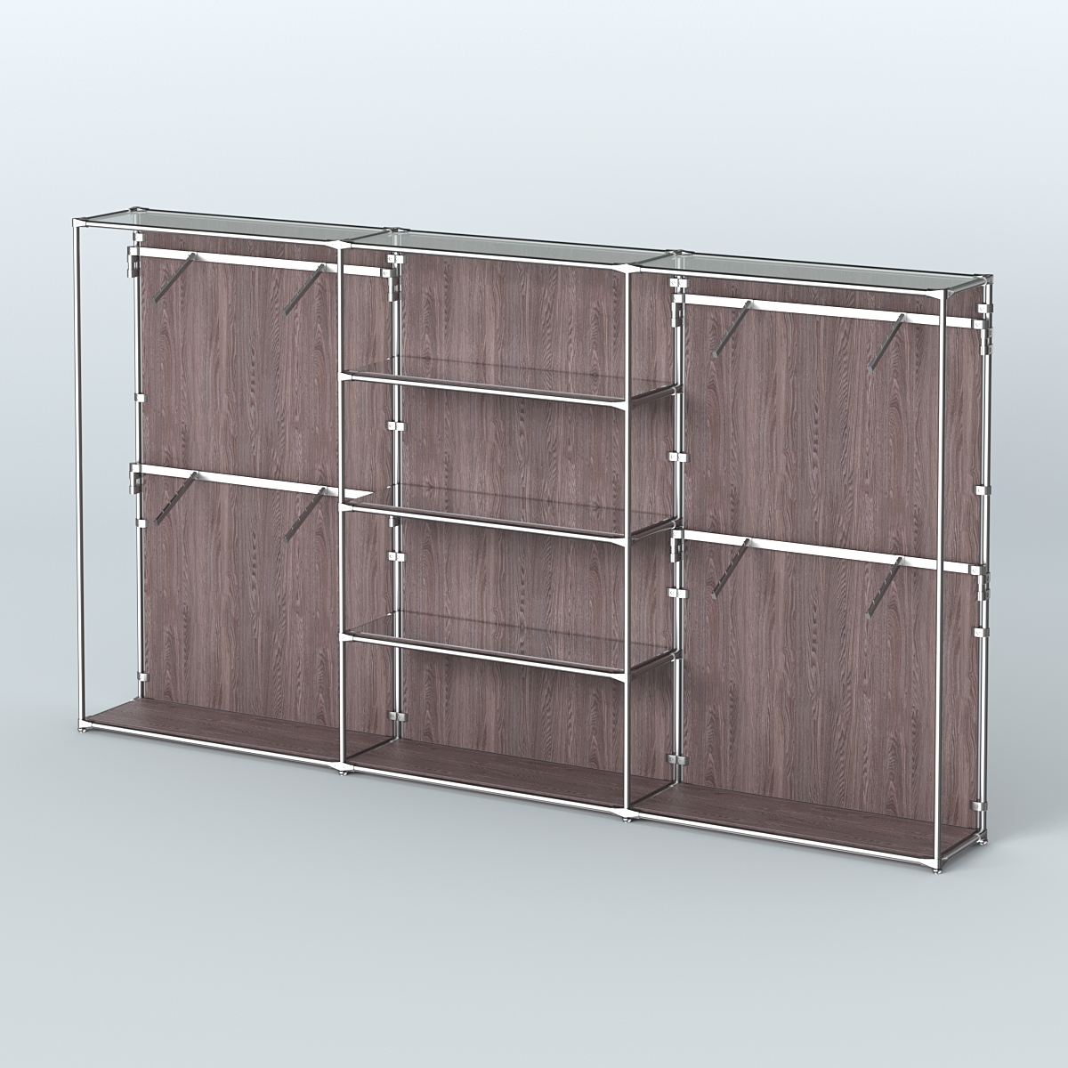 Торговая система ХРОМ (задняя стенка - ДСП) 3600 мм с зеркальными полками и поручнями №5 Ясень Анкор темный