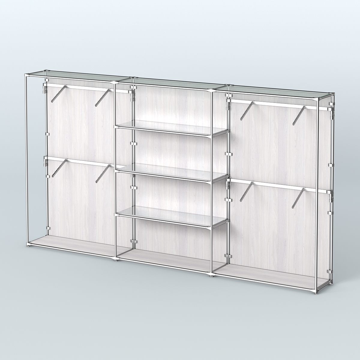 Торговая система ХРОМ (задняя стенка - ДСП) 3600 мм с зеркальными полками и поручнями №5 Ясень Анкор светлый