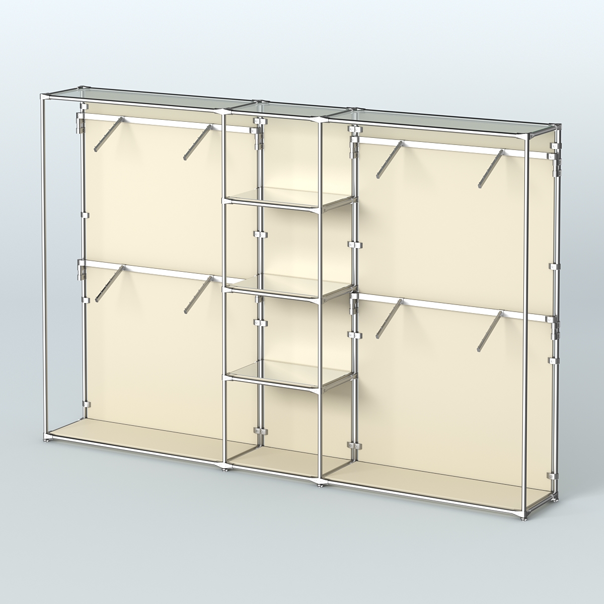 Торговая система ХРОМ (задняя стенка - ДСП) 3600 мм с зеркальными полками и поручнями №8 Крем Вайс