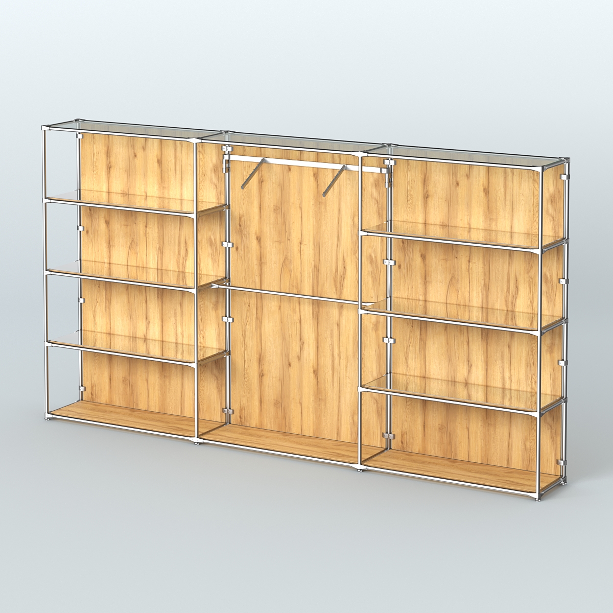 Торговая система ХРОМ (задняя стенка - ДСП) 3600 мм с зеркальными полками и поручнями №9 Дуб Золотистый