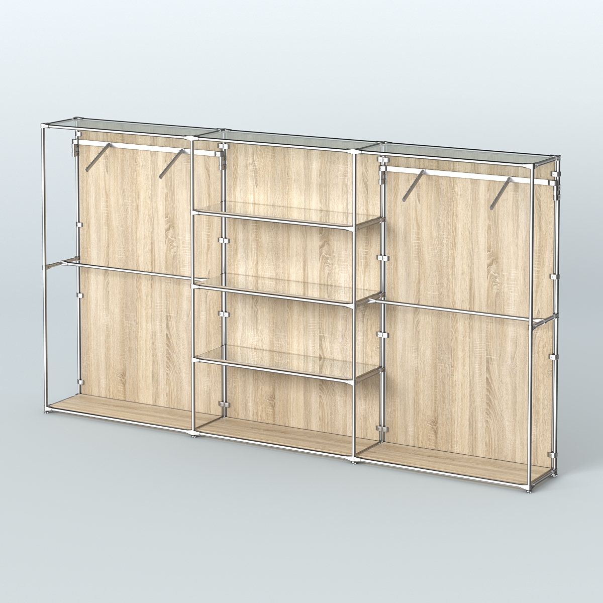 Торговая система ХРОМ (задняя стенка - ДСП) 3600 мм с зеркальными полками и поручнями №10 Дуб Сонома