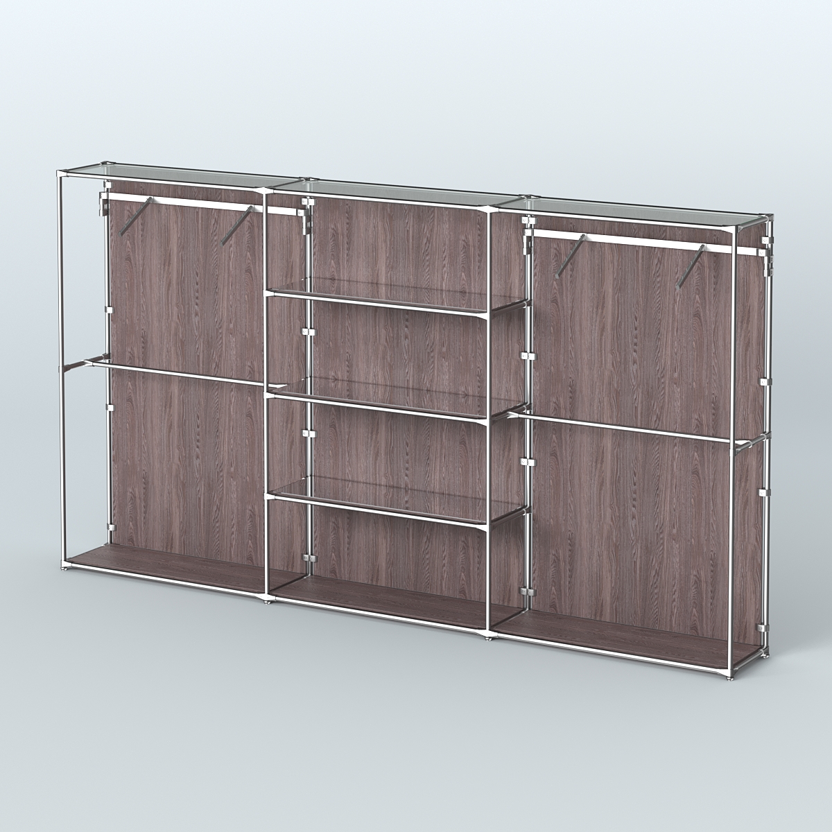 Торговая система ХРОМ (задняя стенка - ДСП) 3600 мм с зеркальными полками и поручнями №10 Ясень Анкор темный