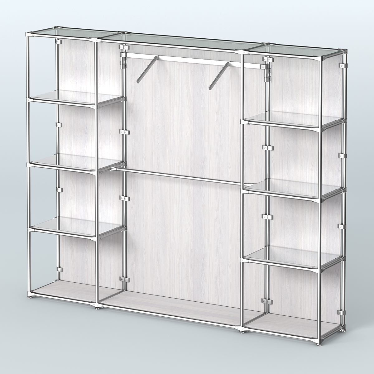 Торговая система ХРОМ (задняя стенка - ДСП) 3600 мм с зеркальными полками и поручнями №11 Ясень Анкор светлый