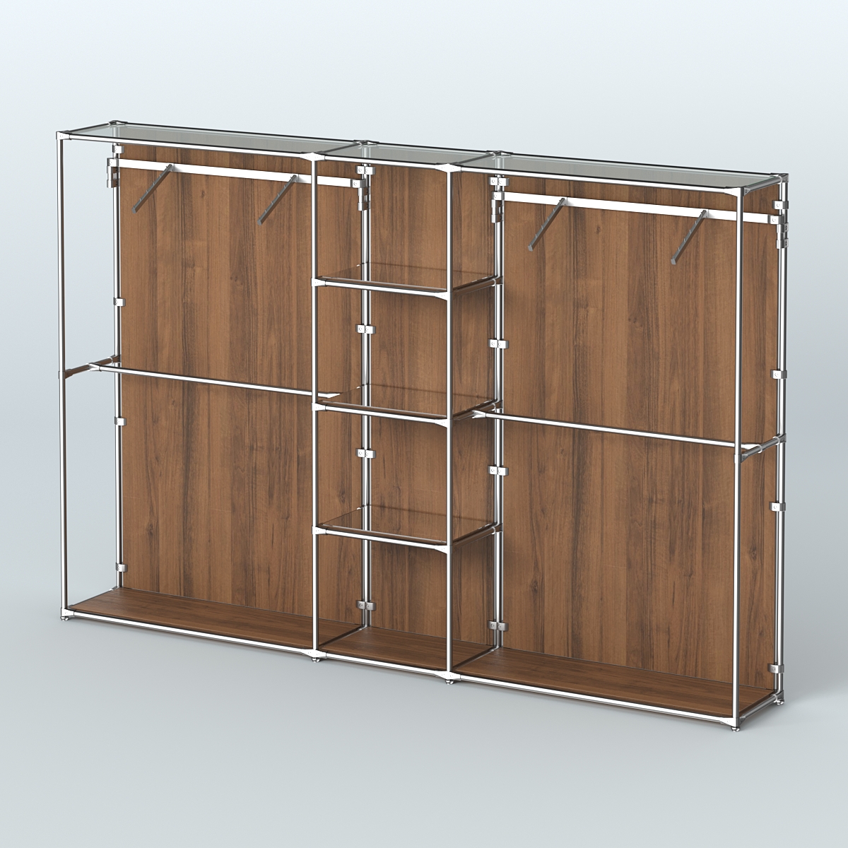 Торговая система ХРОМ (задняя стенка - ДСП) 3600 мм с зеркальными полками и поручнями №12 Орех