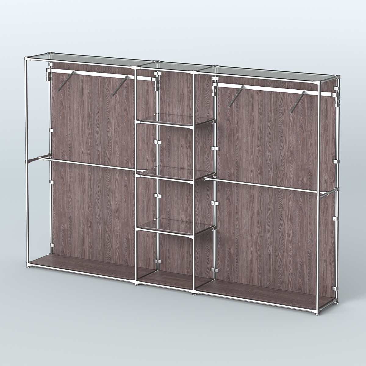 Торговая система ХРОМ (задняя стенка - ДСП) 3600 мм с зеркальными полками и поручнями №12 Ясень Анкор темный