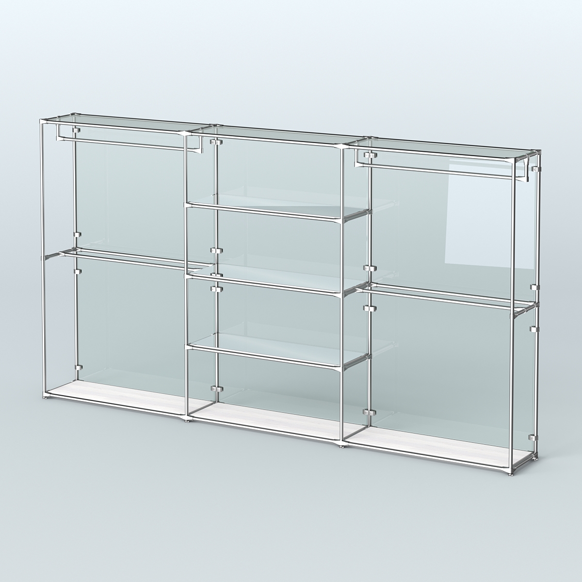 Торговая система ХРОМ (задняя стенка - стекло) 3600 мм с зеркальными полками и поручнями №2 Ясень Анкор светлый