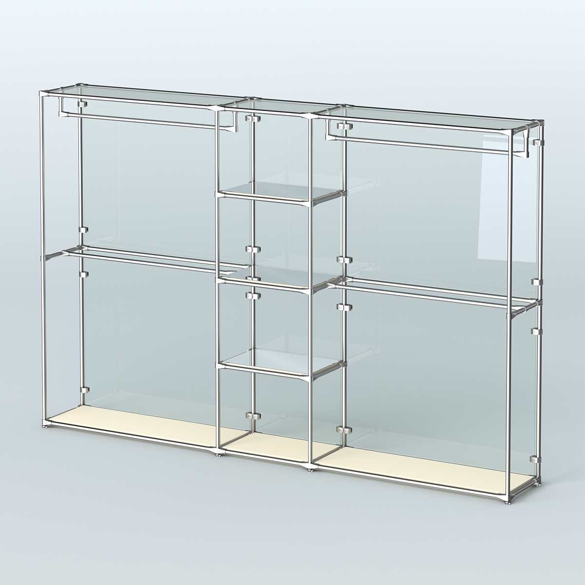 Торговая система ХРОМ (задняя стенка - стекло) 3600 мм с зеркальными полками и поручнями №4 Крем Вайс