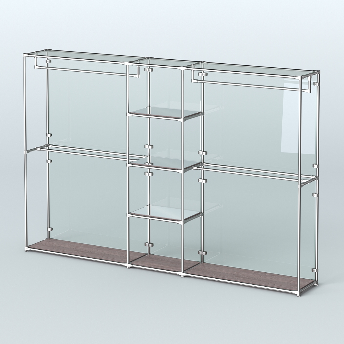 Торговая система ХРОМ (задняя стенка - стекло) 3600 мм с зеркальными полками и поручнями №4 Ясень Анкор темный