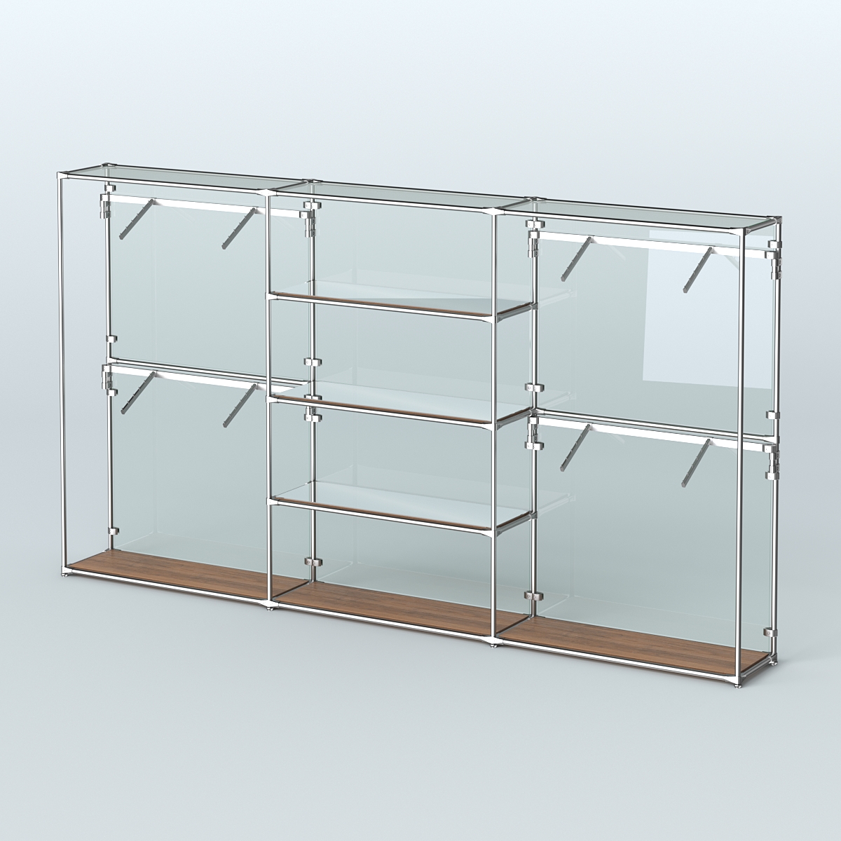 Торговая система ХРОМ (задняя стенка - стекло) 3600 мм с зеркальными полками и поручнями №5 Орех