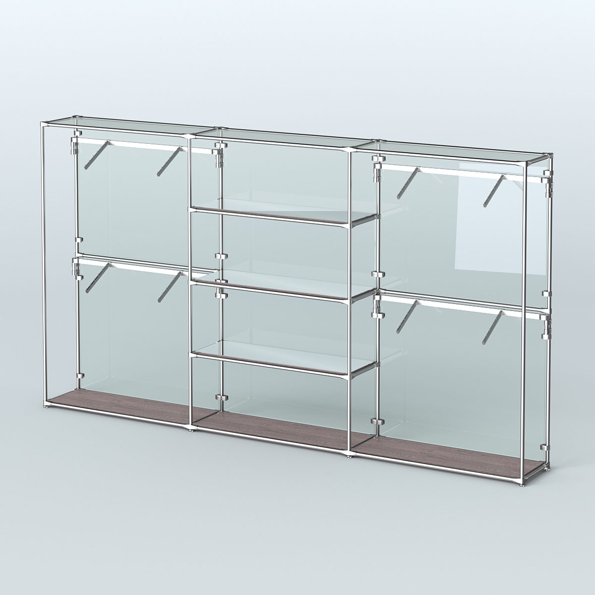 Торговая система ХРОМ (задняя стенка - стекло) 3600 мм с зеркальными полками и поручнями №5 Ясень Анкор темный