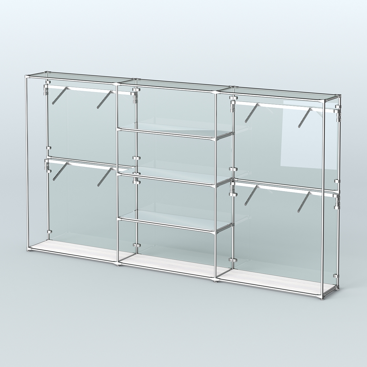 Торговая система ХРОМ (задняя стенка - стекло) 3600 мм с зеркальными полками и поручнями №5 Ясень Анкор светлый