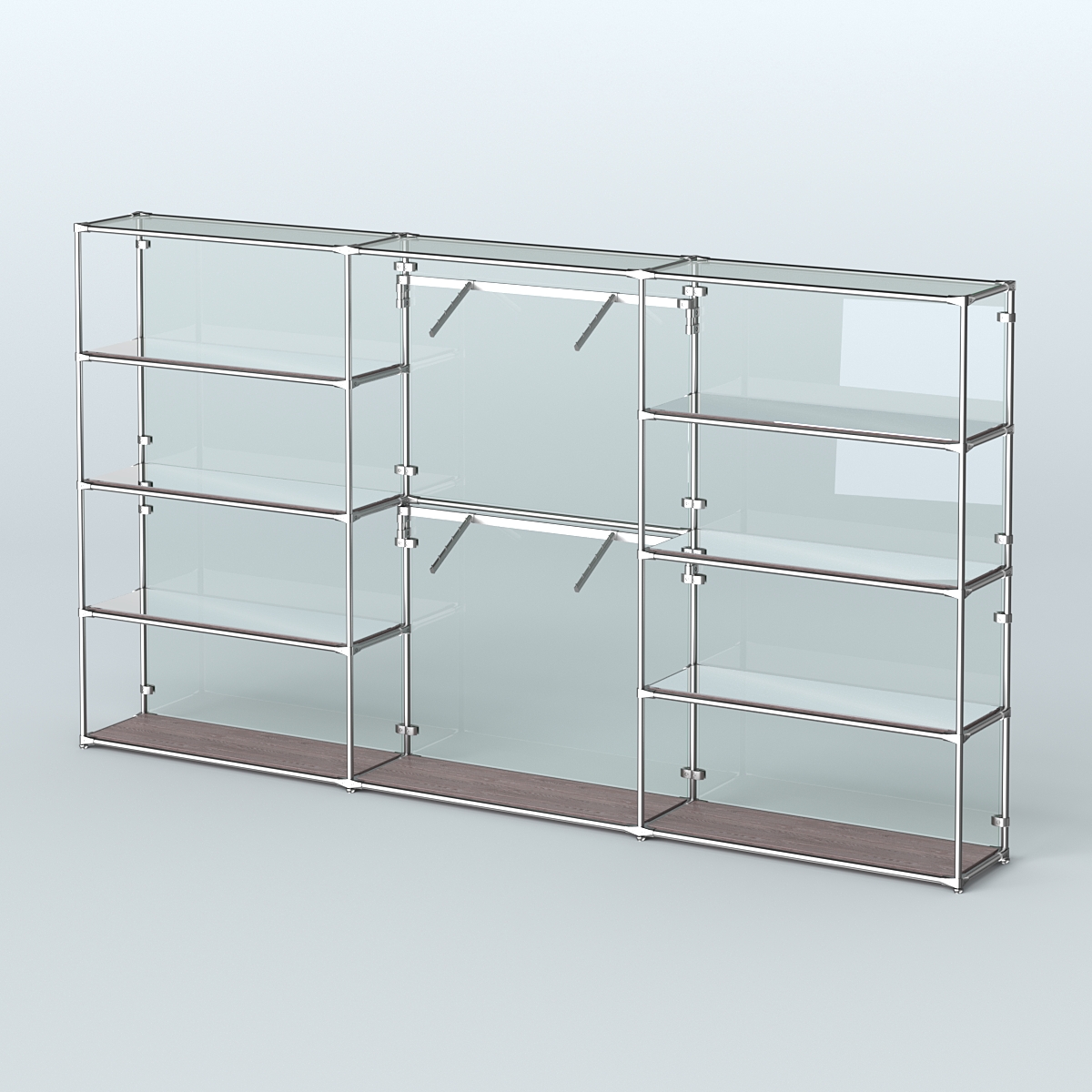 Торговая система ХРОМ (задняя стенка - стекло) 3600 мм с зеркальными полками и поручнями №6 Ясень Анкор темный